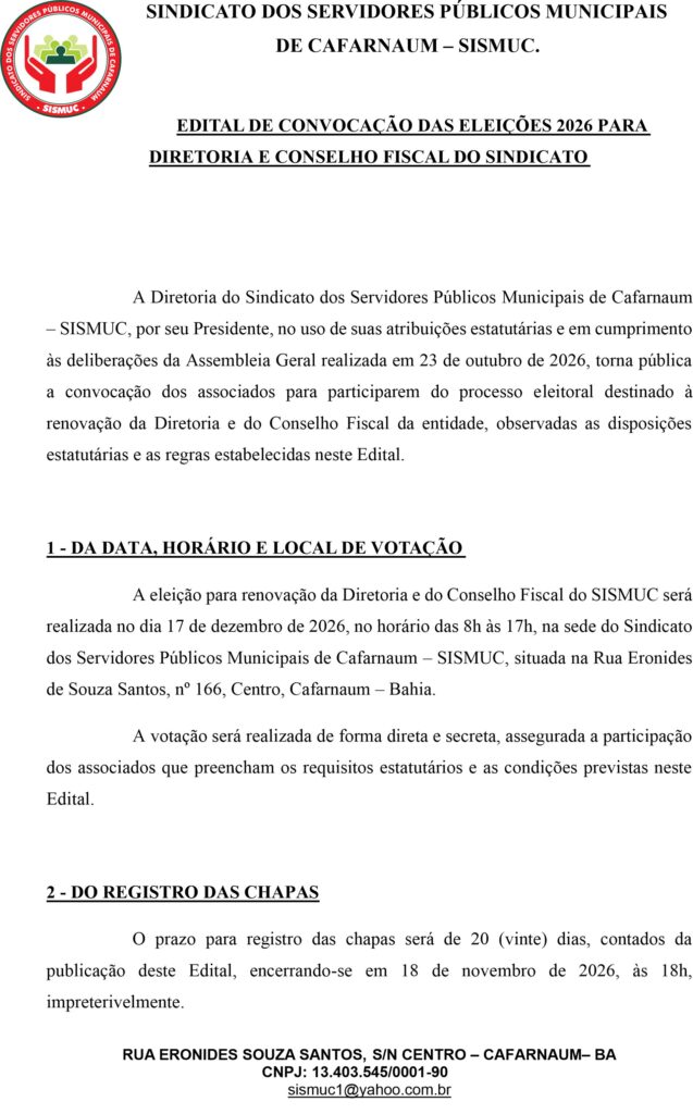 SISMUC: EDITAL DE CONVOCAÇÃO DE ELEIÇÕES PARA DIRETORIA E CONSELHO FISCAL