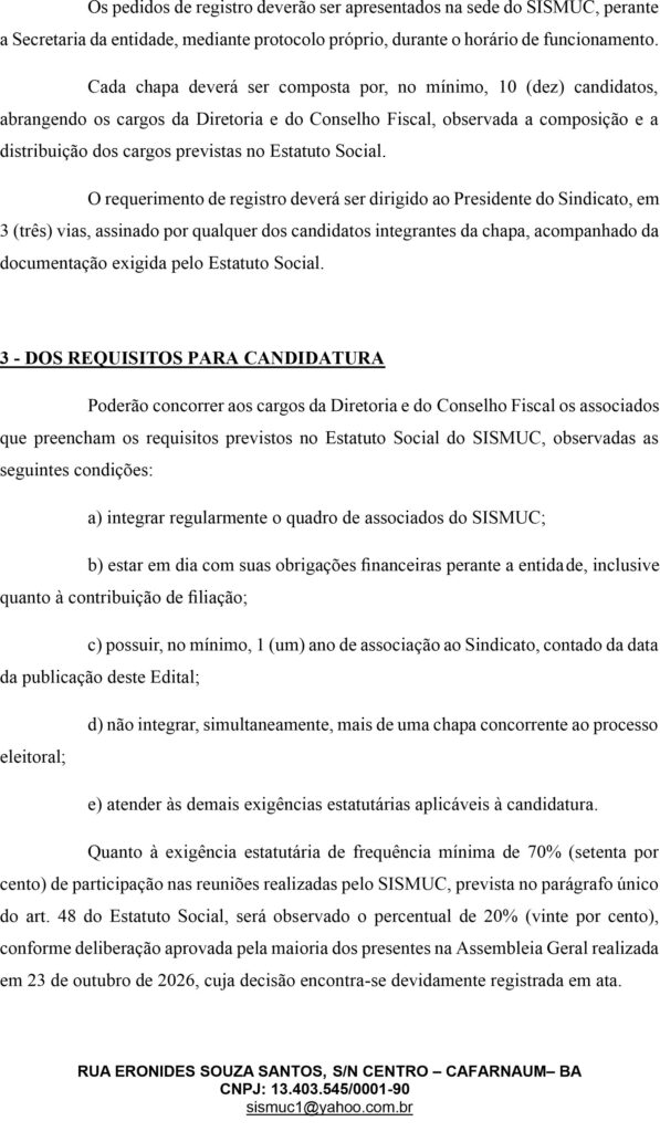 SISMUC: EDITAL DE CONVOCAÇÃO DE ELEIÇÕES PARA DIRETORIA E CONSELHO FISCAL