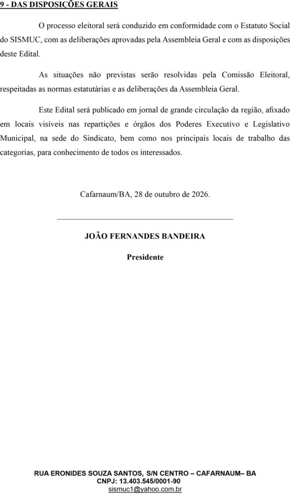 SISMUC: EDITAL DE CONVOCAÇÃO DE ELEIÇÕES PARA DIRETORIA E CONSELHO FISCAL